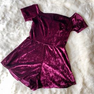 Windsor dark red/maroon velvet cold shoulder romper, loose fit bottom, large